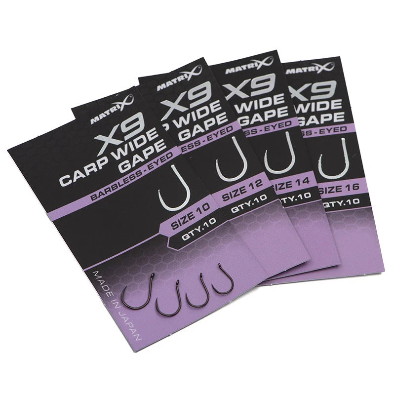 Matrix X9 Carp Wide Gape Barbless Eyed Hooks